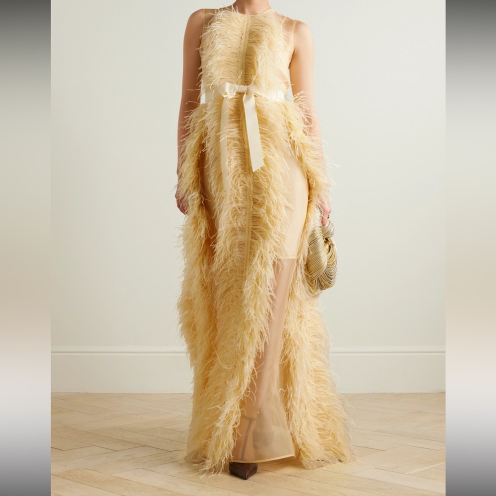 Elegant Feathered Yellow Gown by huishan zhang